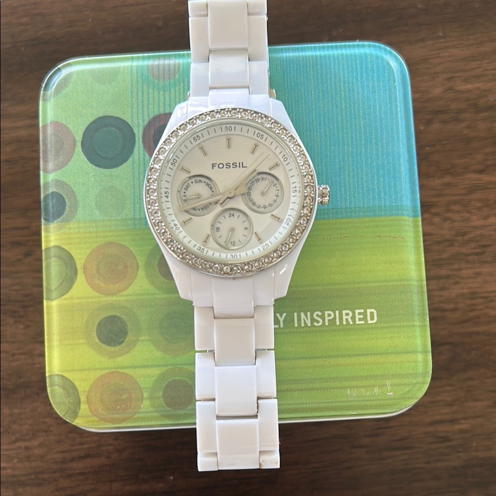 Fossil White Ceramic Watch with Crystal Detailing